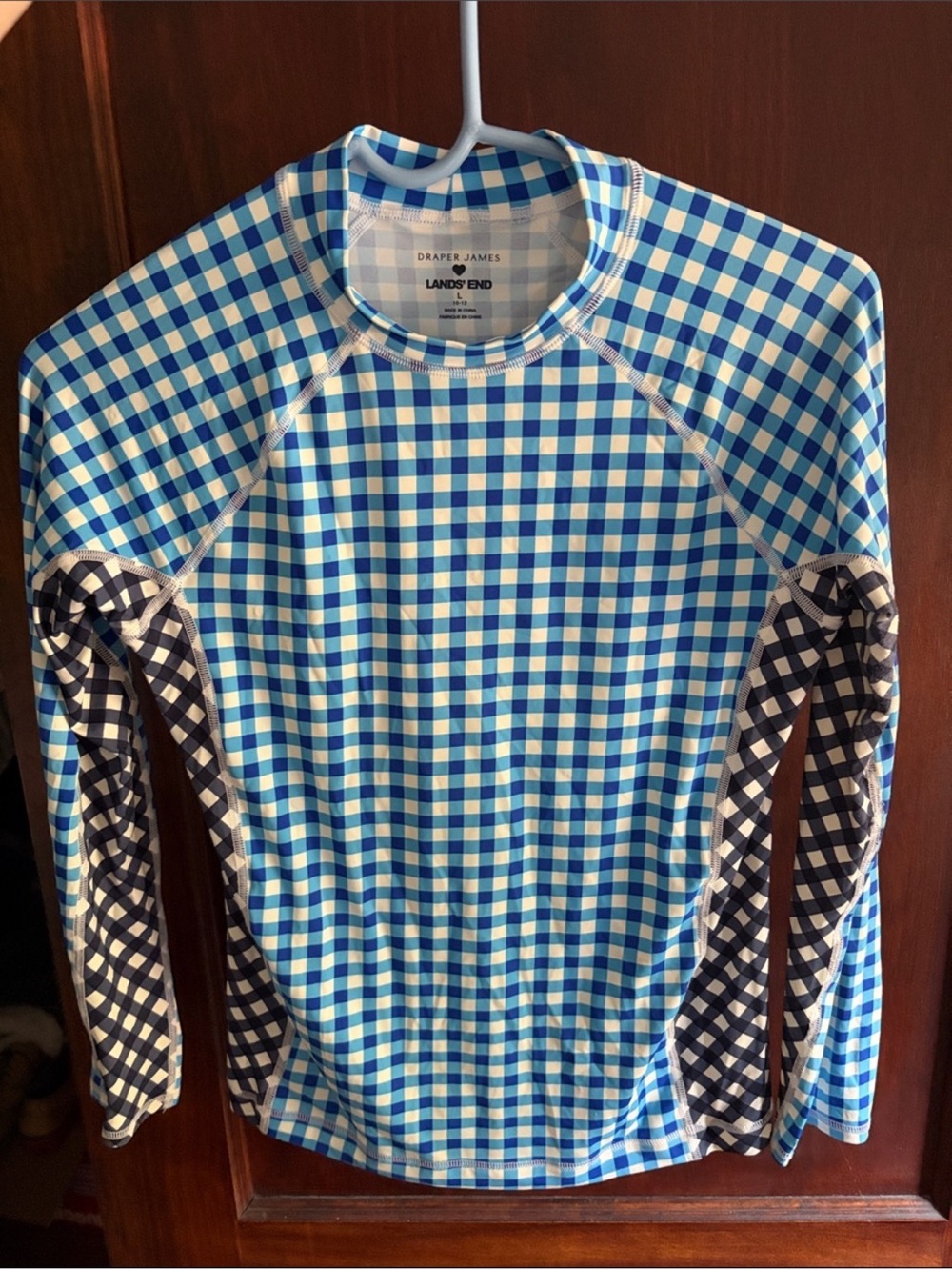 Lands' End x Draper James Girls Blue Gingham Long-Sleeve Swim Shirt